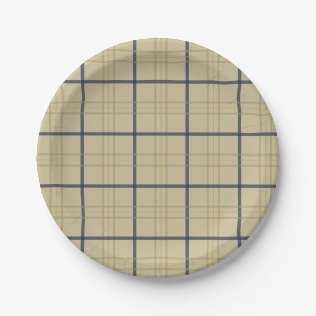 Classic Elegant Beige Blue Plaid  Paper Plate (Front)