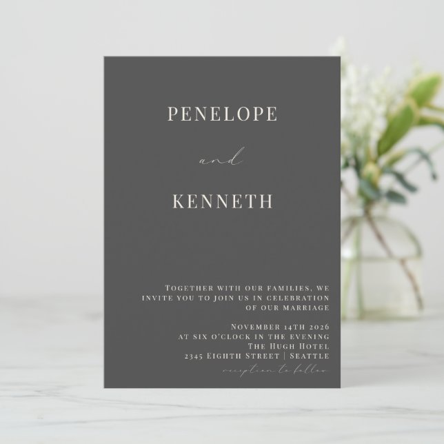 Classic Elegant Black and White Script Wedding Invitation (Standing Front)
