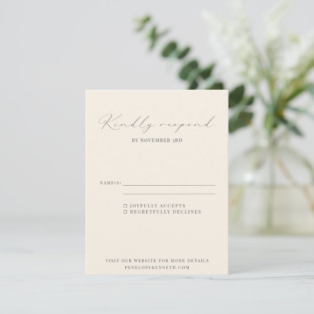 Classic Elegant Black and White Script Wedding RSVP Card (Standing Front)