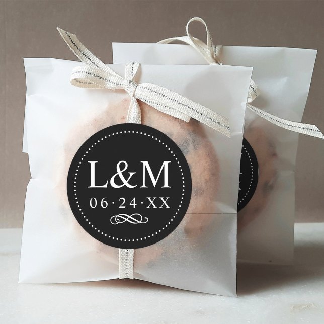 Classic Elegant Black and White Wedding Monogram Classic Round Sticker (Creator Uploaded)
