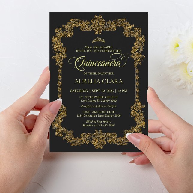 Classic Elegant Black Gold Tiara Quinceanera Invitation (Creator Uploaded)
