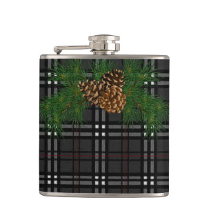 Classic elegant black grey plaid tartan pine cone hip flask