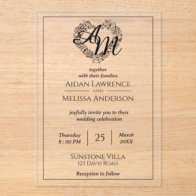 Classic Elegant Black Minimalist Wedding Acrylic Invitations (Front)