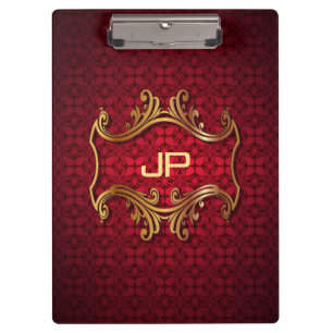 Classic Elegant Black Red Damask Monogram Template Clipboard