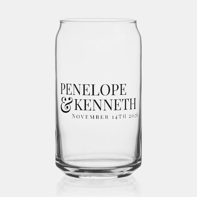 Classic Elegant Black Simple Custom Wedding Names Can Glass (Front)