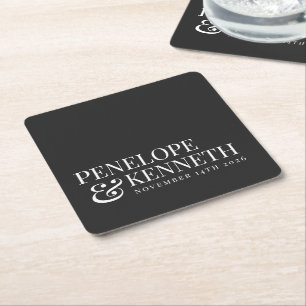 Classic Elegant Black Simple Custom Wedding Names Square Paper Coaster