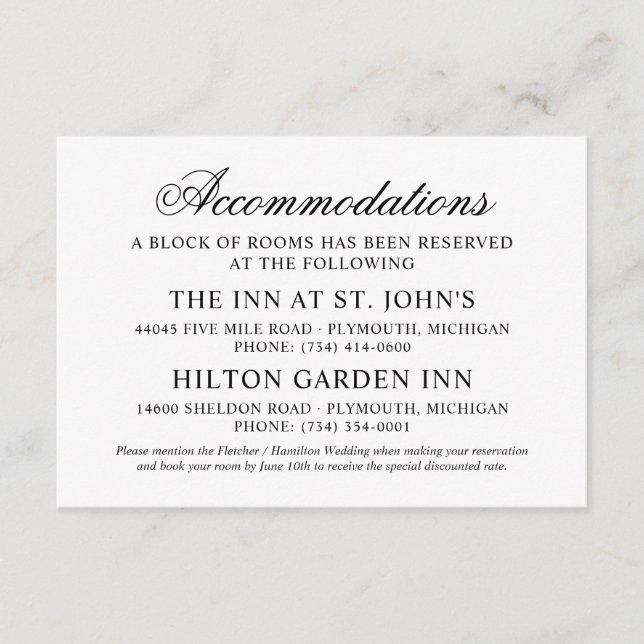 Classic Elegant Black Wedding Accommodations Enclosure Card (Front)