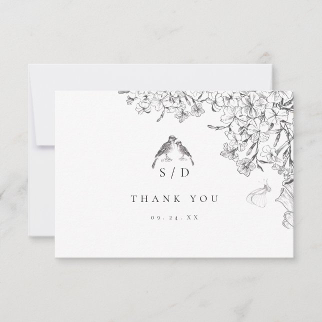 Classic Elegant Black White Floral Wedding  Thank You Card (Front)