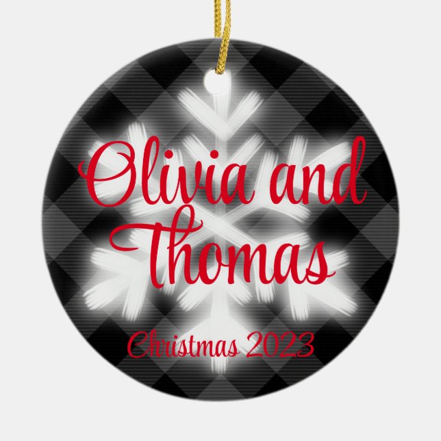 Classic elegant Black white plaid snow flake  Ceramic Tree Decoration (Front)