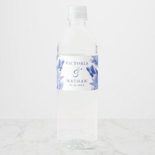 Classic Elegant Blue and White Floral Wedding  Water Bottle Label