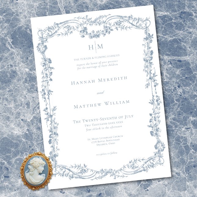 Classic Elegant Blue Delicate Floral Frame Wedding Invitation (Classic Elegant Blue Delicate Floral Frame Wedding Invitation)