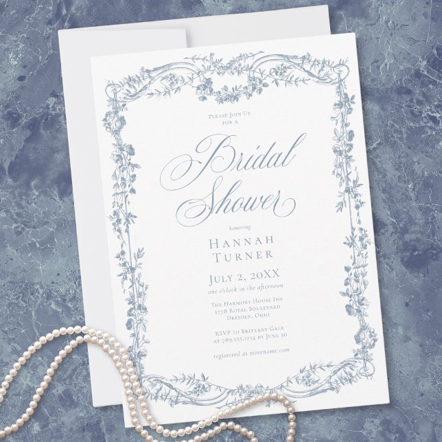 Classic Elegant Blue Floral Frame Bridal Shower Invitation (Classic Elegant Blue Floral Frame Bridal Shower Invitation)