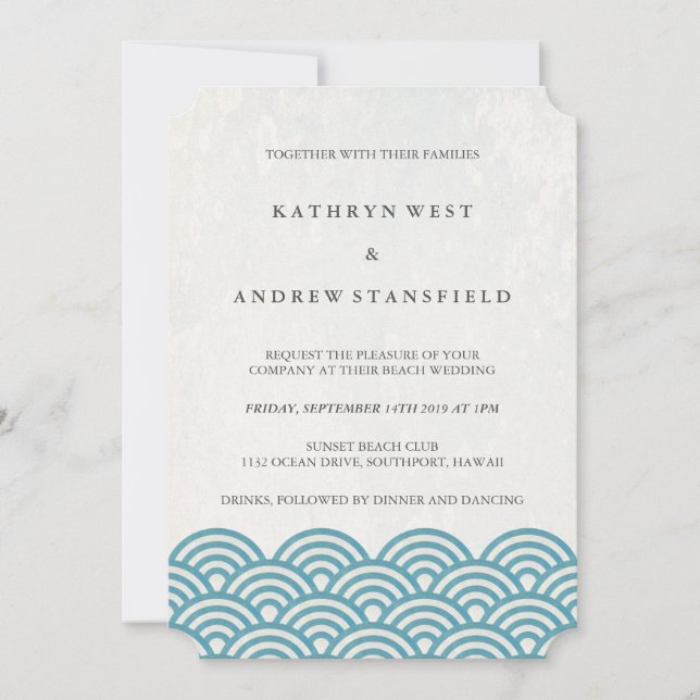 Classic Elegant Blue/Green + White Beach Wedding Invitation (Front)