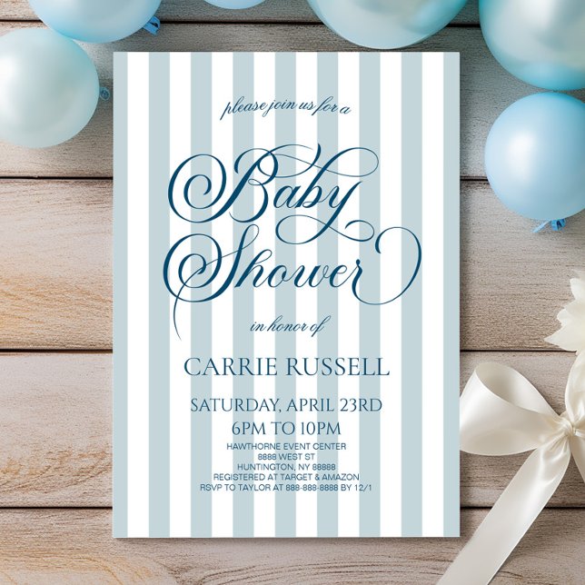 Classic Elegant Blue Stripes Boy Baby Shower Invitation (Creator Uploaded)