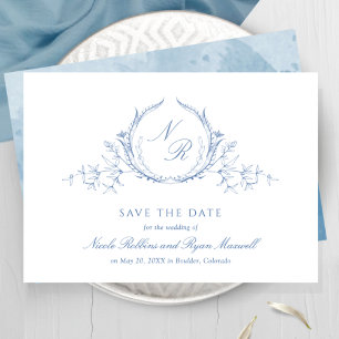 Classic, Elegant Blue Watercolor Monogram Wedding Save The Date