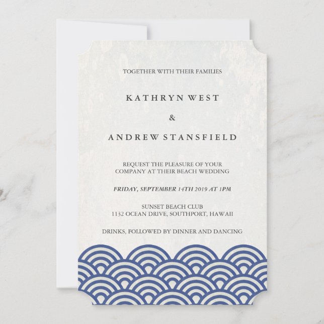 Classic Elegant Blue + White Beach Wedding Invitation (Front)