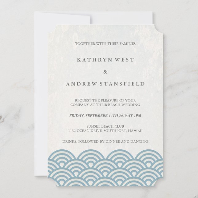 Classic Elegant Blue + White Beach Wedding Invitation (Front)