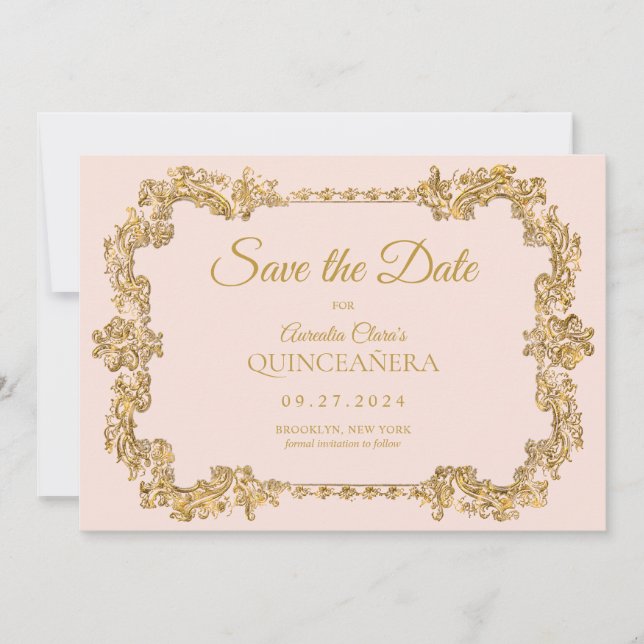 Classic Elegant Blush Pink Gold Frame Quinceanera Announcement (Front)