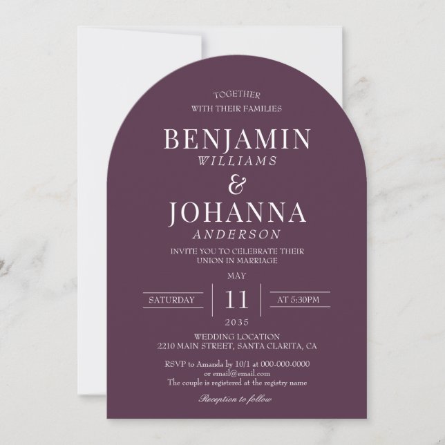 Classic Elegant Bordeaux Coloured Wedding Arch Invitation (Front)