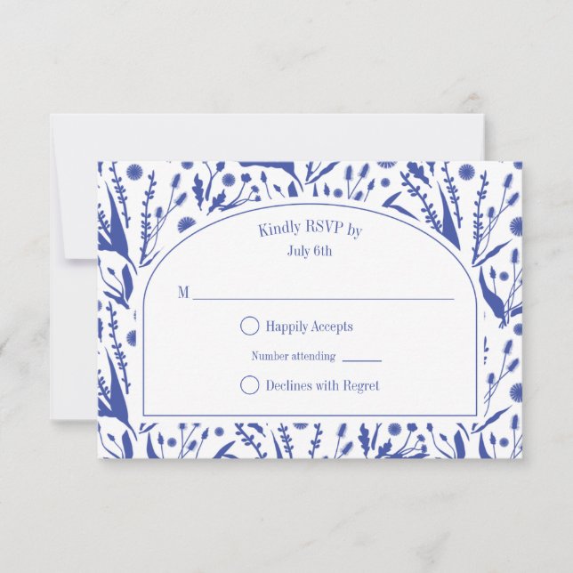 Classic Elegant Botanicals in Blue Wedding RSVP Card (Front)