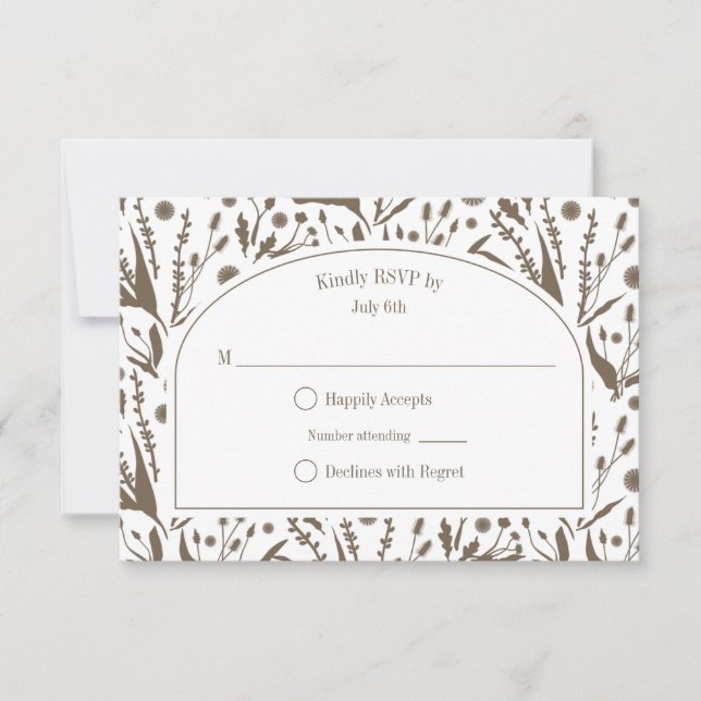 Classic Elegant Botanicals in Dark Taupe Wedding RSVP Card (Front)