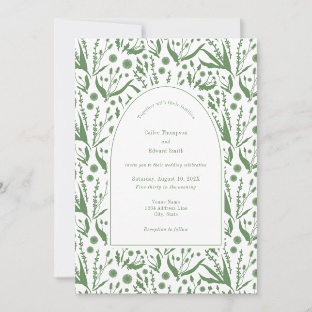 Classic Elegant Botanicals in Sage Green Wedding Invitation (Front)