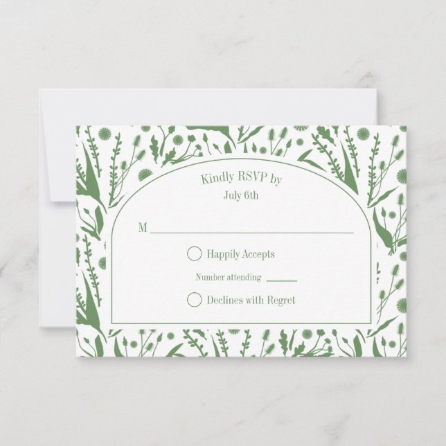 Classic Elegant Botanicals in Sage Green Wedding RSVP Card (Front)