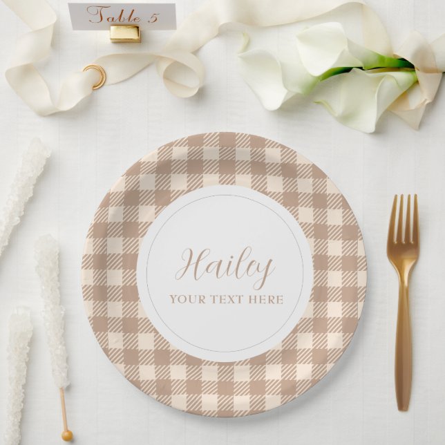 classic elegant brown beige gingham plaid Party Paper Plate (Wedding)