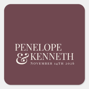 Classic Elegant Burgundy Custom Wedding Names Square Sticker