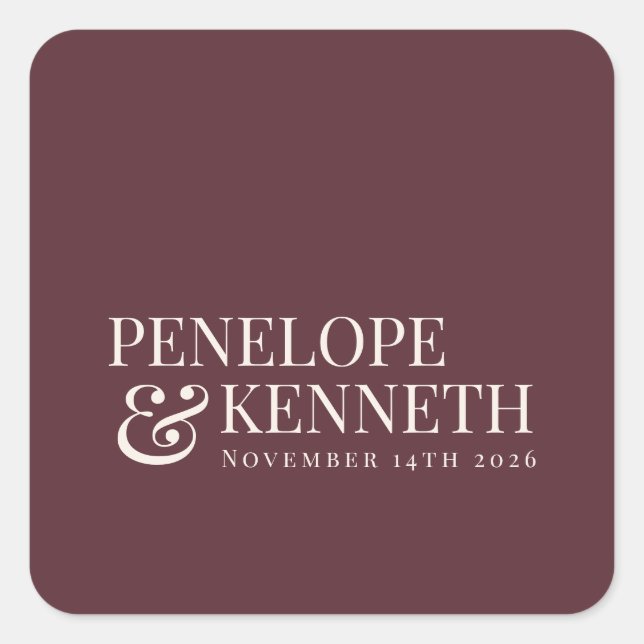Classic Elegant Burgundy Custom Wedding Names Square Sticker (Front)