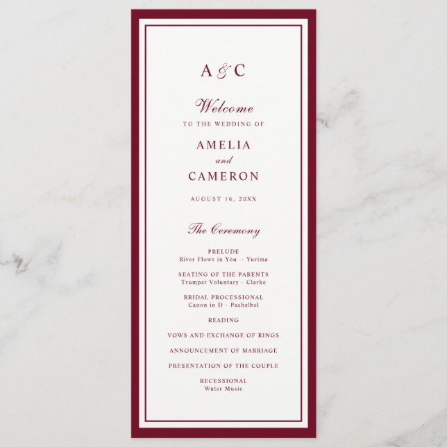 Classic Elegant Burgundy Frame Wedding Program Programme (Front)