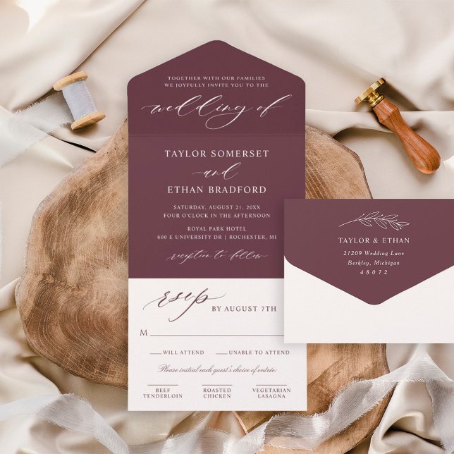Classic Elegant Burgundy Red Wedding All In One Invitation (Creator Uploaded)
