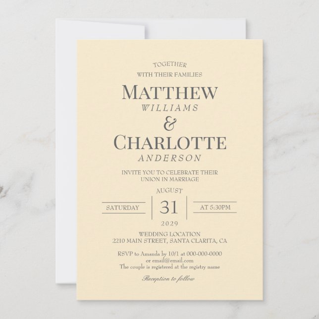 Classic Elegant Butter Yellow Wedding Invitation (Front)