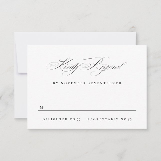 Classic Elegant Calligraphy Black Tie Wedding RSVP Card (Front)