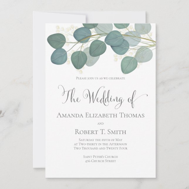 Classic Elegant Calligraphy Eucalyptus Greenery  Invitation (Front)