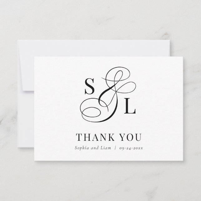 Classic Elegant Calligraphy Monogram Wedding Thank You Card (Front)