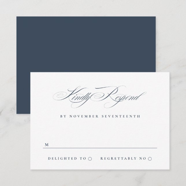 Classic Elegant Calligraphy Navy Blue Wedding RSVP Card (Front/Back)