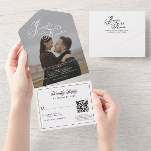 Classic Elegant Calligraphy QR Code Photo Wedding All In One Invitation