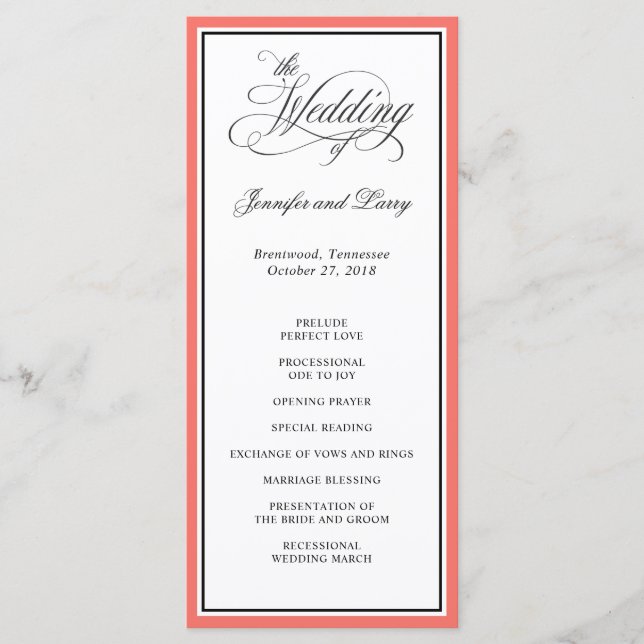 Classic Elegant Calligraphy Script Wedding Coral Programme (Front)