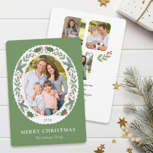 Classic Elegant Christmas Greenery Message 4 Photo Holiday Card
