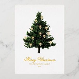 Classic Elegant Christmas Tree and Lights Gold Foil Holiday Card