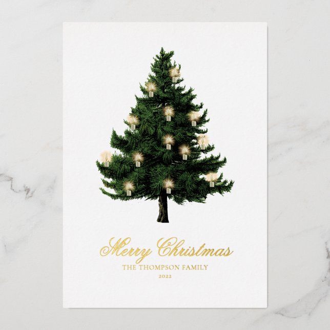 Classic Elegant Christmas Tree and Lights Gold Foil Holiday Card (Front)