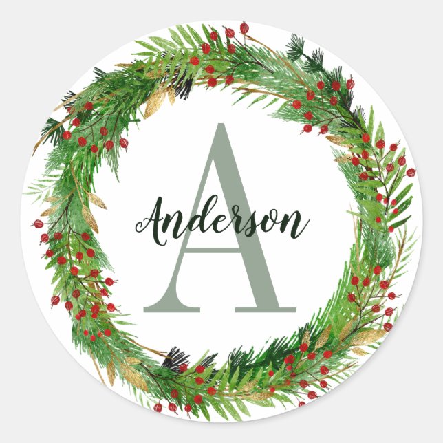 Classic Elegant Christmas Wreath Monogram Initial Classic Round Sticker (Front)