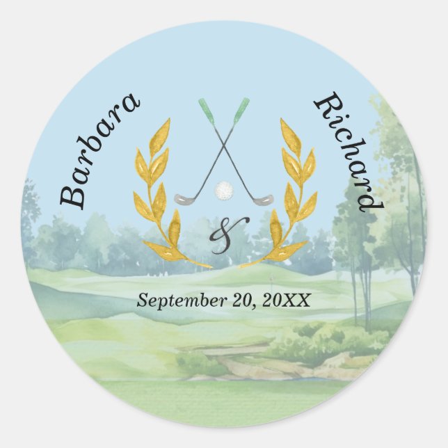 Classic Elegant Custom Golf Theme Wedding Round Sticker (Front)