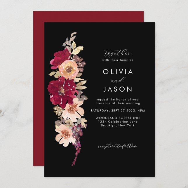 Classic Elegant Dark Burgundy Plum Floral Wedding Invitation (Front/Back)