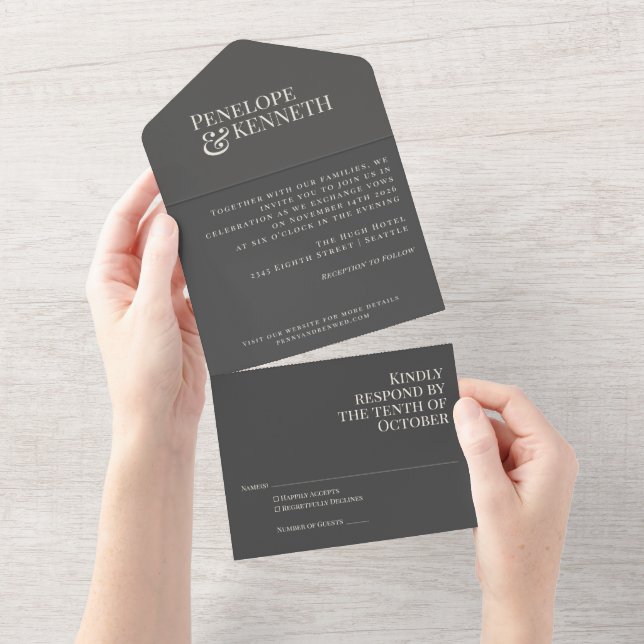 Classic Elegant Dark Grey Typography Wedding All In One Invitation (Tearaway)