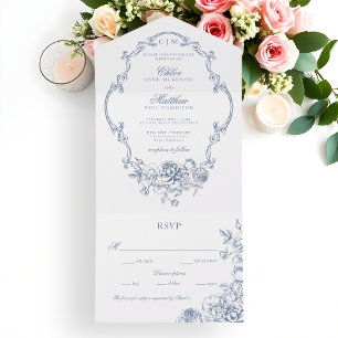  Classic Elegant Dusty Blue Floral Frame Wedding All In One Invitation