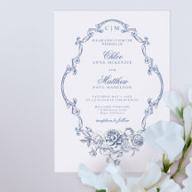Classic Elegant Dusty Blue Floral Frame Wedding