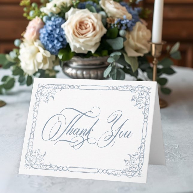 Classic Elegant Dusty Blue Floral Frame Wedding Thank You Card (Classic Elegant Blue Floral Frame Photo Wedding Thank You Card)