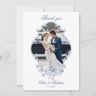 Classic Elegant Dusty Blue Floral Frame Wedding Thank You Card